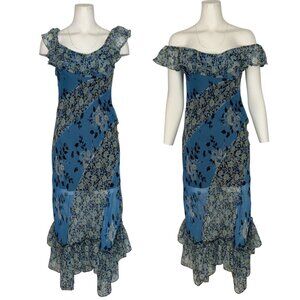 Free People Ruffle Printed Midi Dress XS Blue Floral Off The Shoulder Bohemian
